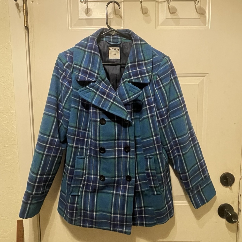 Old Navy Teal Blue Plaid Wool Pea Coat Women's Large Preppy Academia